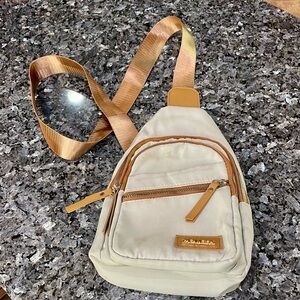 Beige Crossbody Vinyl Bag with Tan Strap